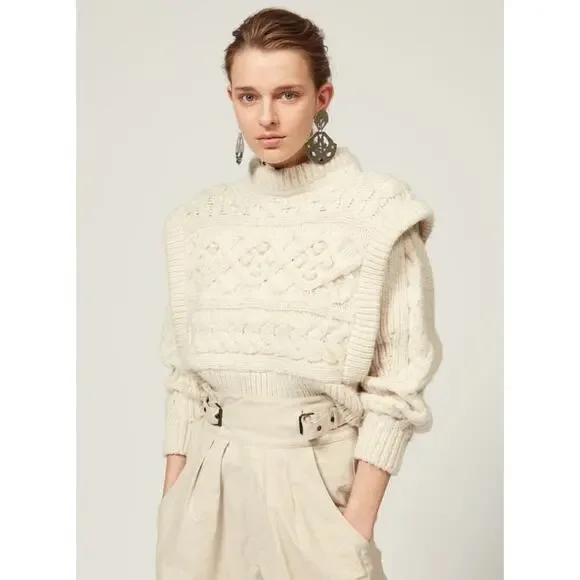 Isabel Marant Milane Cropped Cable Knit Merino Wool Sweater Ivory Sz 34 …